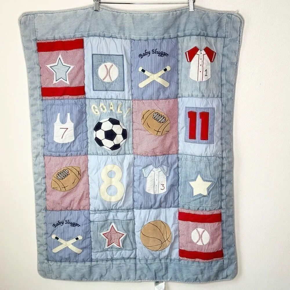Lambs & Ivy Vintage Sports Theme Embroidered Baby Comforter Tapestry 33” x 40”